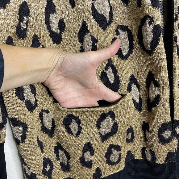 Ann Taylor Ombre Leopard Animal Print Pocketed Gold Metallic Cardigan Sz M - Picture 3 of 10
